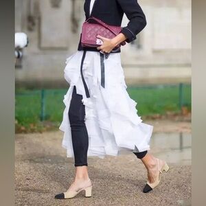 CHANEL Iconic Beige Goatskin & Black Grosgrain Slingbacks - Size 36.5